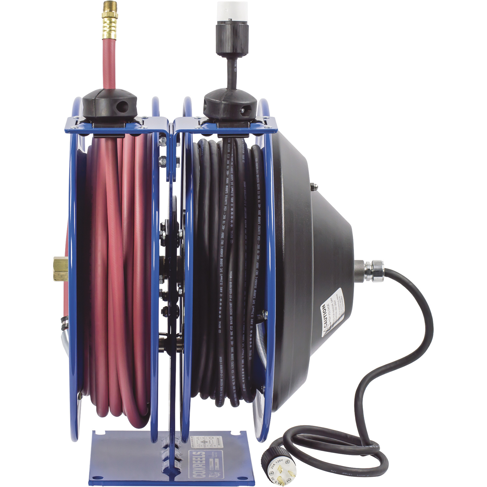 Coxreels Combo Air and Electric Hose Reel, With Quad Outlet Attachment and 3/8in. x 50ft. PVC Hose, Max. 300 PSI, Model# C-L350-5012-B